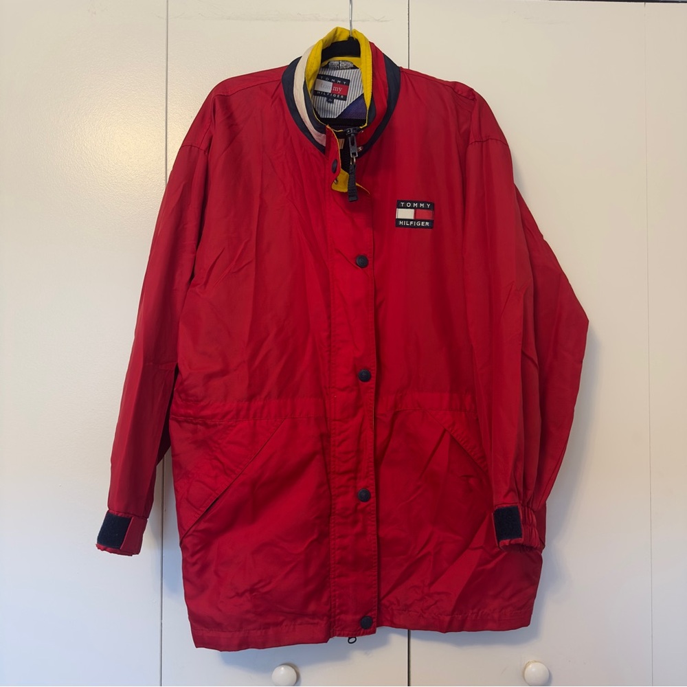 Vintage Tommy Hilfiger Red Windbreaker Rain Coat | Colorblock Collar